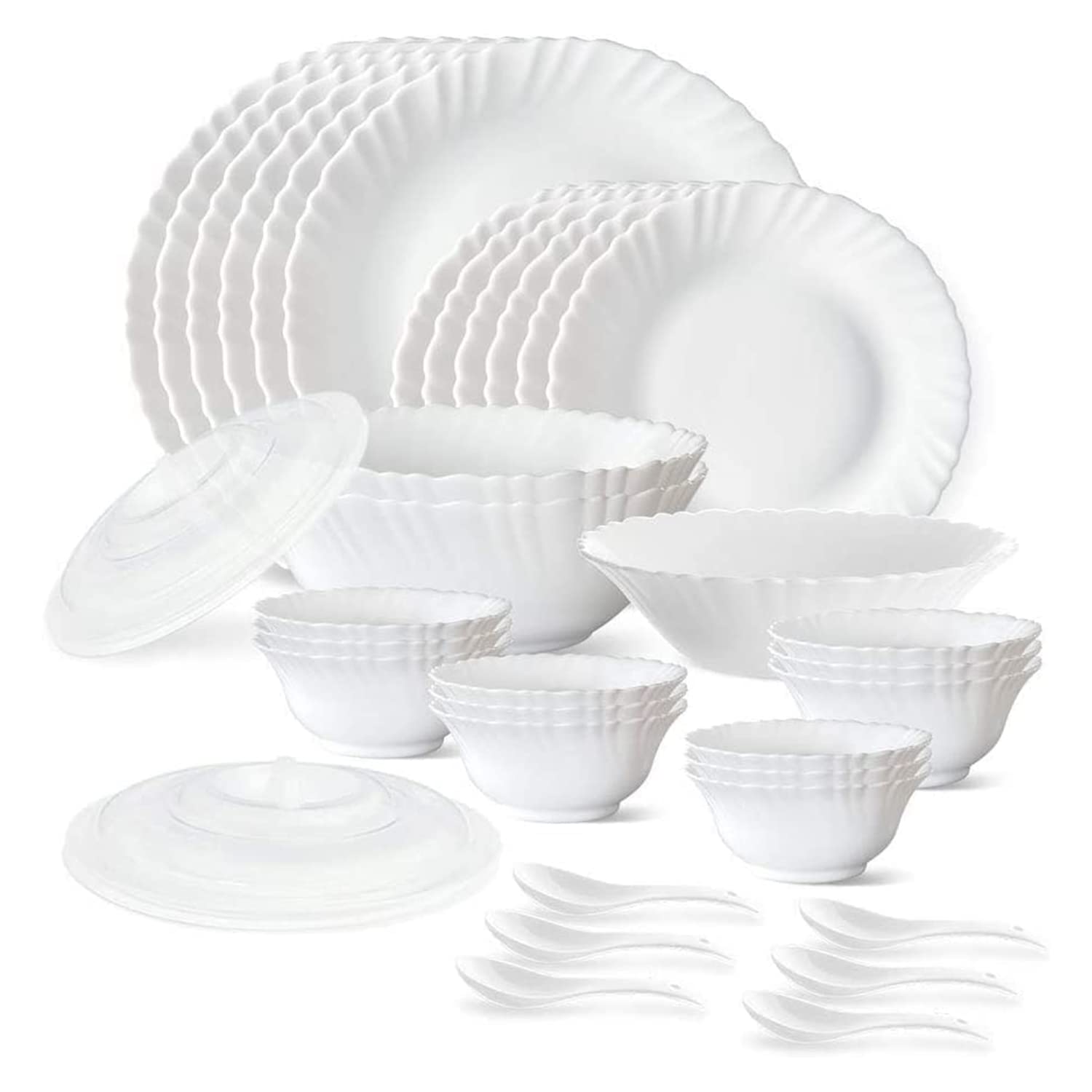 Borosil Gourmet Dinnerware Set For 6, 35 Pieces, White Dinner Plates and Bowls Sets, Chip Resistant Tempered Opal Glass, Stain R