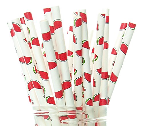 Watermelon Party Straws (25 Pack) - Pool Party Supplies, Red Fruit Paper Straws, Kids Birthday Party, Beach Party Decorations, S