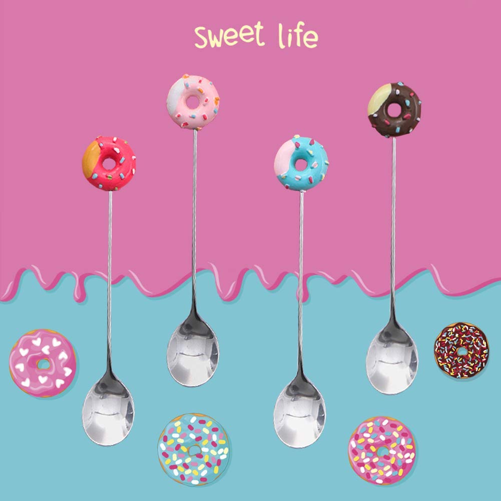 Gracelife 4Pcs Stainless Steel Stirring Spoons Cute Doughnut Coffee Spoon Mini Donut Dessert Spoon Ice Cream Tea Sugar Spoon