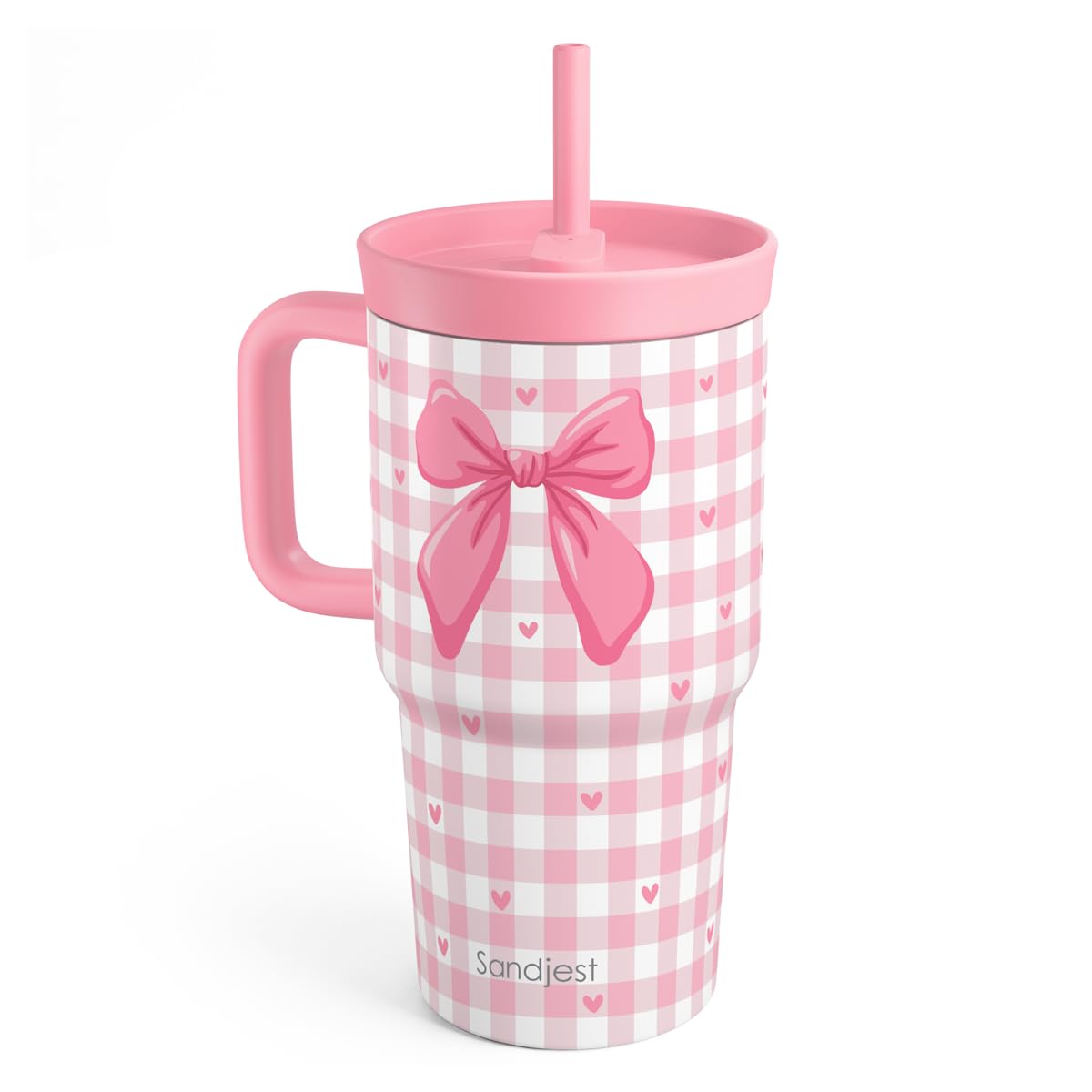 SANDJEST Bow Stainless Steel Tumbler 20oz with Handle and Silicone Straw Locking Lid for Kids Girls, Birthday Christmas Back to 
