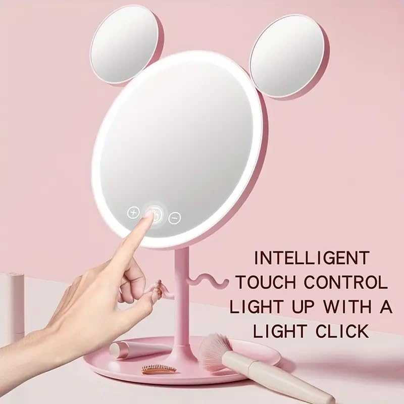 Lighted Vanity Mirror With Mouse Ears Design, Magnification, Pallet Storage, Jewelry Hook, For Dorm (Pink)