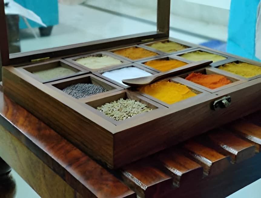 Umaas Unique Wooden Handicrafts Sheesham Masala Dabba Spice Jar With Glass Top/Box For Kitchen Container With Lid/Decorative Org