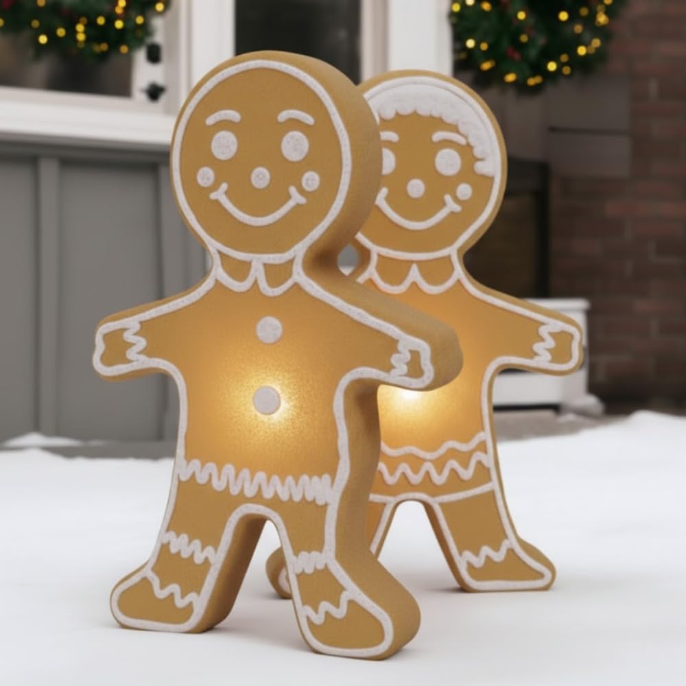 PMU Christmas Light-Up Gingerbread Figure - Double Sided Blow Mold Plastic Statue with 6 Cord and Light - Perfect D  cor for Ho