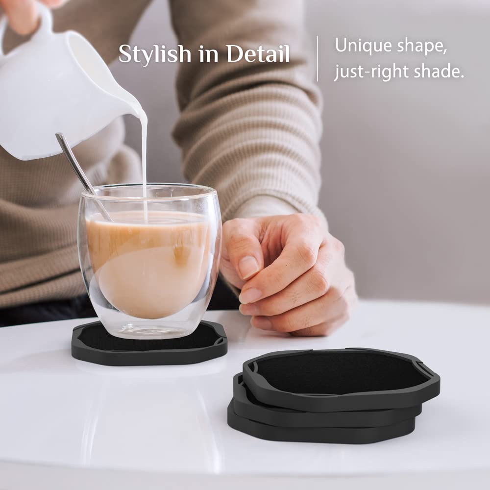 UMIRRO Absorbent Coasters for Drinks with Holder  Black Silicone Coasters with Soft Felt Inserts for Wooden Coffee Table  Cool Modern Cup Mats for Tabletop Protection  Set of 6