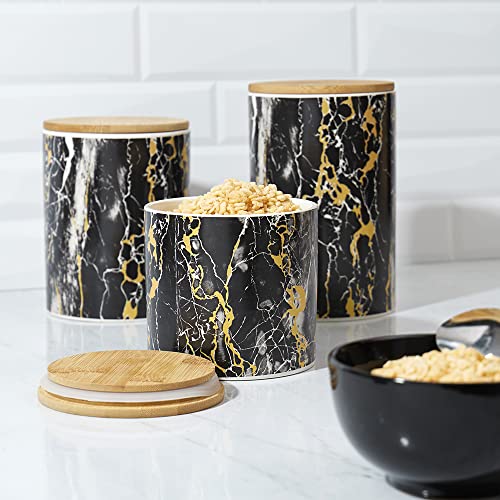 Home Basics Marble Like Small Ceramic Canister With Bamboo Top, Black