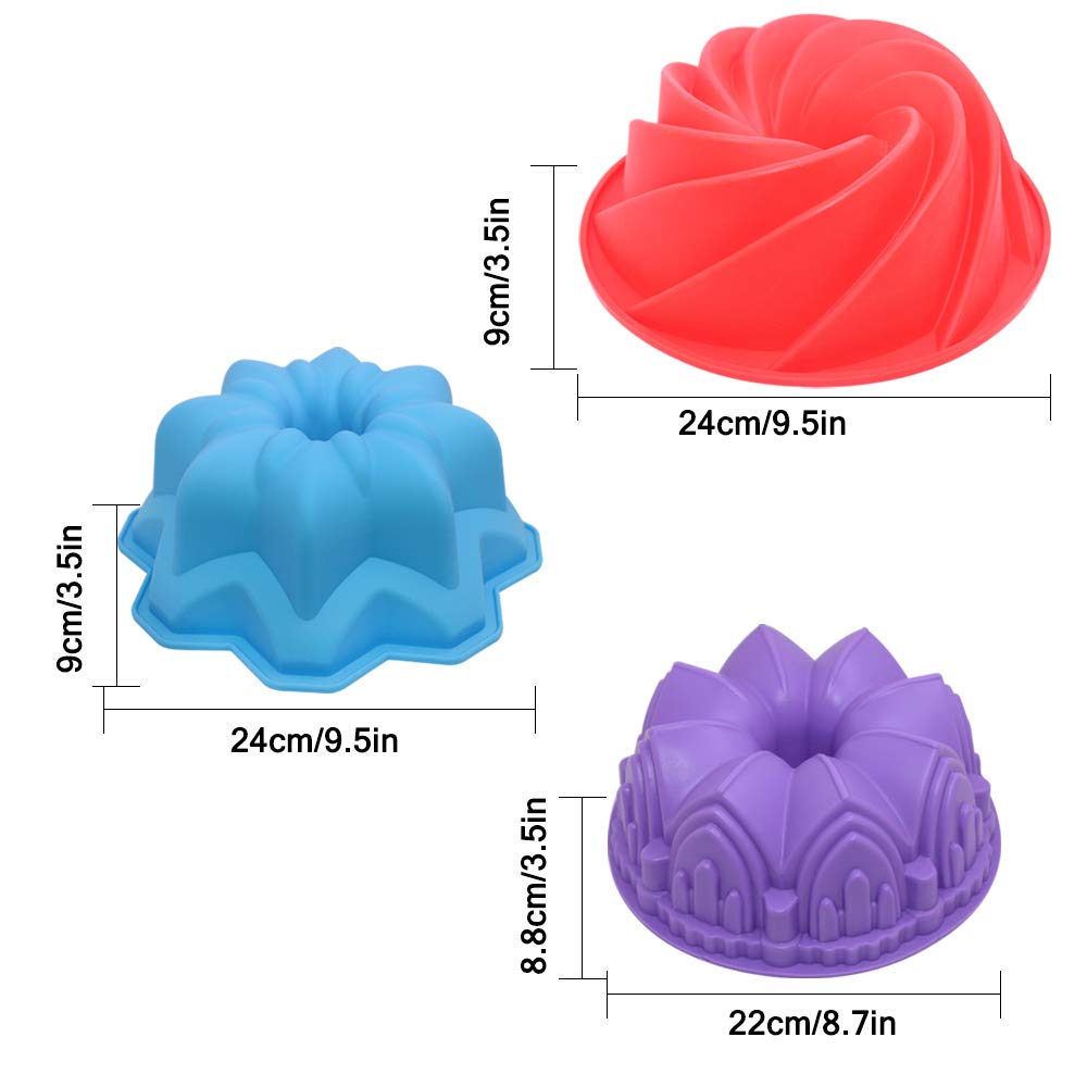 3 Pcs Silicone Cake Bread Baking Molds, Aifuda Large Swirl Cake Mold Castle Cake Mold And Double Flower Cake Mold For Birthday P