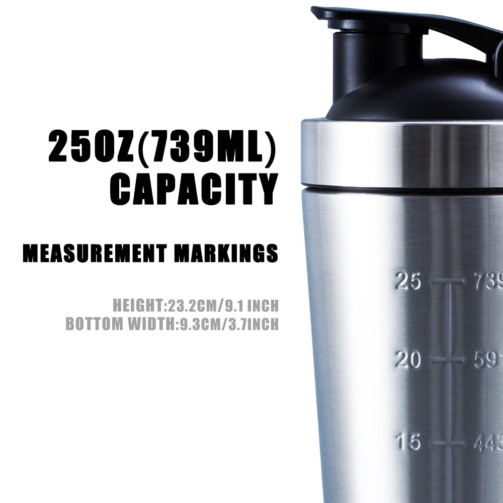 VALESKA Protein Shaker Bottle, 25oz Stainless Steel, Dishwasher Safe, BPA Free, Leak Proof, Silver