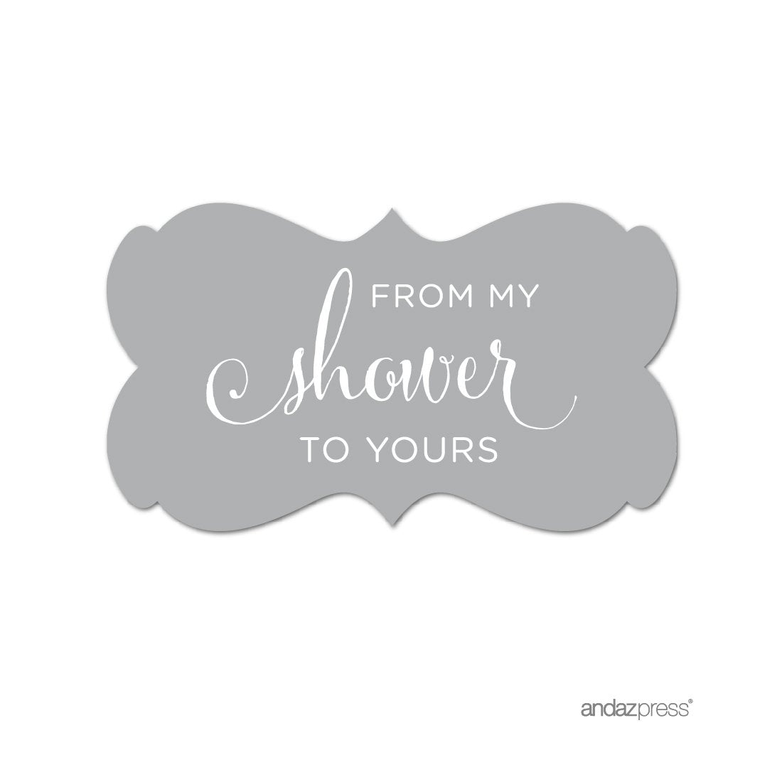 Andaz Press Baby And Bridal Wedding Shower Fancy Frame Label Stickers, From My Shower To Yours, Gray, 36-Pack