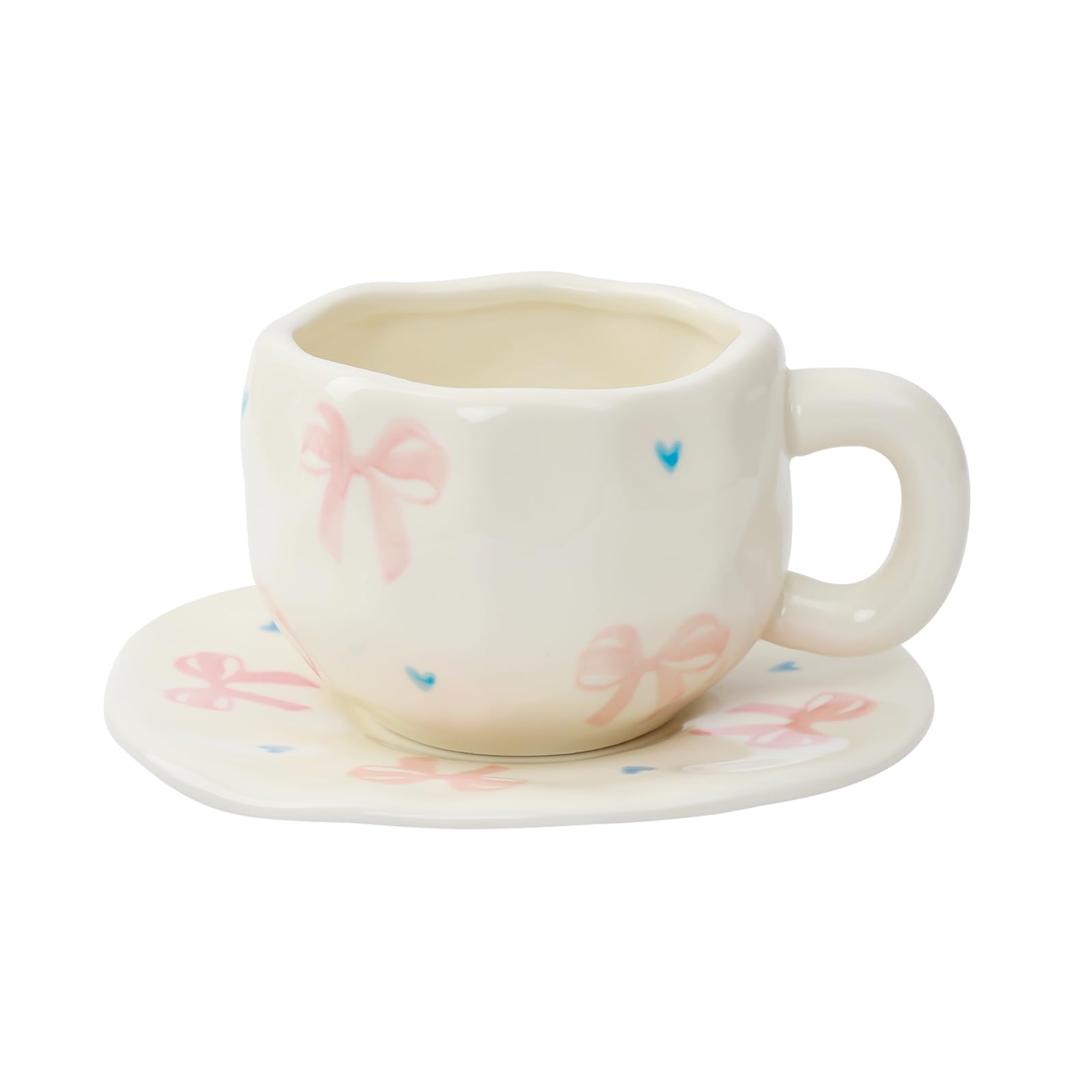 Koythin 10oz Irregular Ceramic Mug With Saucer, Pink Big Bow Latte Tea Cup