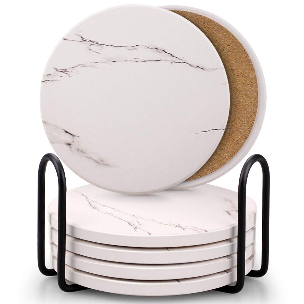 Coasters for Drinks  Absorbent Ceramic Stone Coasters Set with Metal Holder Stand  Cork Base  Marble Surface Pattern  Cups Place Mats for Home Decor  Set of 6 - White