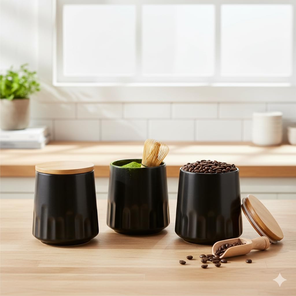 The Better Home Ceramic Jars For Kitchen Storage With Bamboo Lids | 650Ml Each-Pack Of 3 | Multipurpose Airtight Jars For Pickle