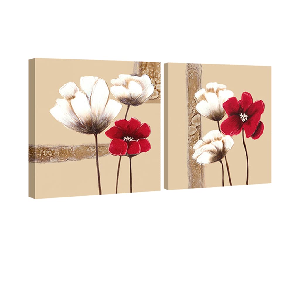 Wieco Art Red And White Flowers Canvas Prints Wall Art Abstract Floral Oil Paintings Style Pictures For Living Room Bedroom Bath
