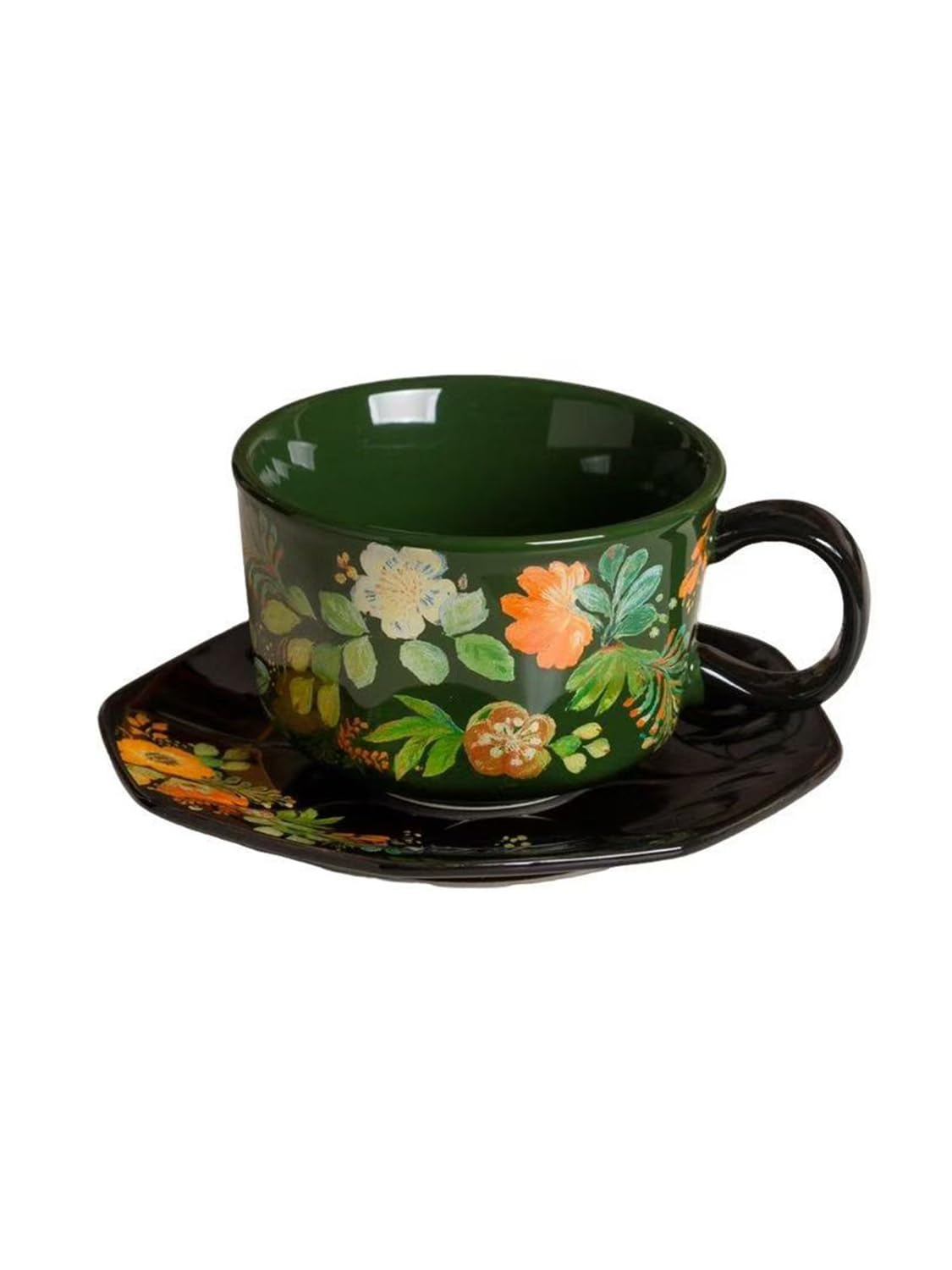 SHIIANN Green Floral Coffee Cup and Saucer Set, 9.5 oz (280ml) Ceramic Tea Cup with Saucer, Glossy Finish Botanical Mug for Espr