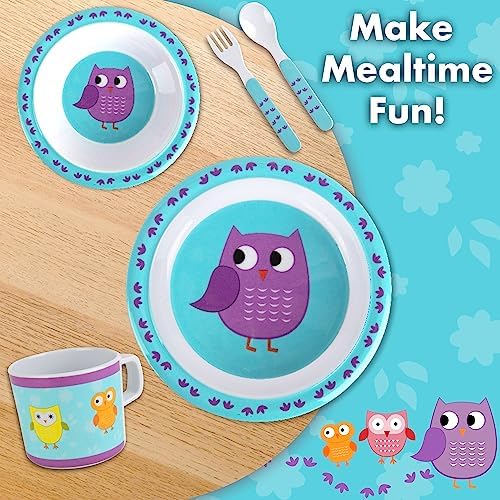 5 Pc Mealtime Baby Feeding Set for Kids and Toddlers - Includes Plate, Bowl, cup, Fork and Spoon Utensil Flatware - Durable, Dis