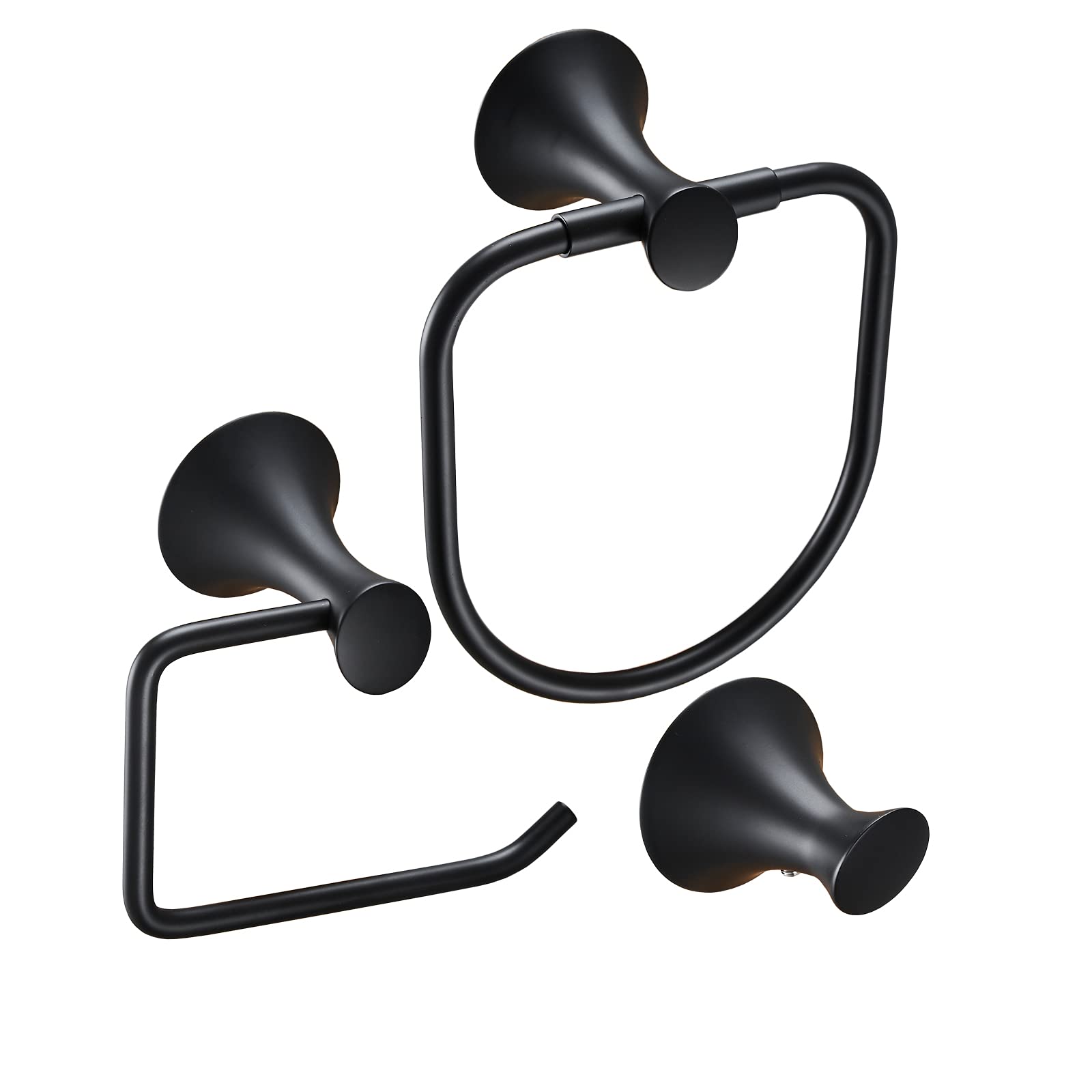 Newrain 3-Piece Bathroom Hardware Set, Matte Black - Hand Towel Ring, Toilet Paper Holder, Robe Towel Hooks