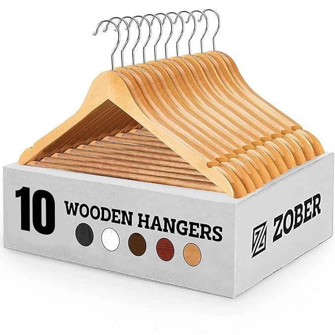 Zober Wooden Suit Hangers Pack Of 10 With Non Slip Pants Bar - Smooth Finish Solid Wood Coat Hanger With 360 Swivel Hook&Precise
