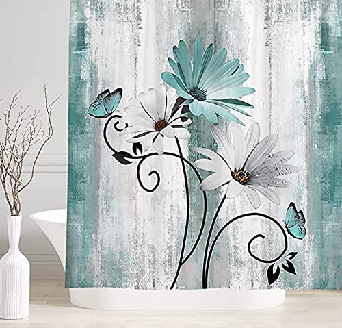 VeiVian Rustic Farmhouse Shower Curtain  Farm Teal Daisy Floral Flowers and Butterfly on Country Wooden Shower Curtain for Bathroom  Turquoise Blue Bathroom Shower Curtains with 12PCS Hooks  70X75IN