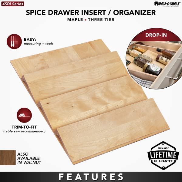 Rev-A-Shelf 16'' 3 Tiered Seasoning Organizer, Trim-To-Fit Wooden Kitchen Draw And Cabinet Home Storage Insert, Pull Out Spice R