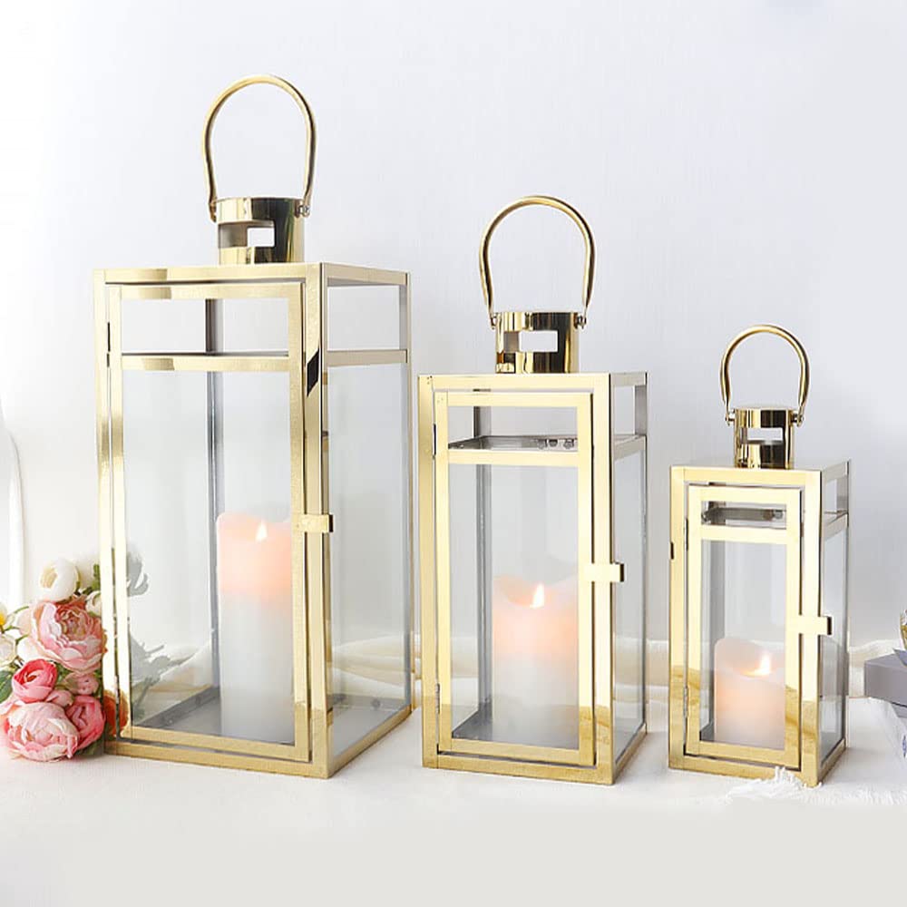 TRIROCKS Elegant Gold Stainless Steel Lantern Set- 3 Sizes (12, 15, 19) - Tempered Glass Panel Metal Lanterns for Versatile Indo