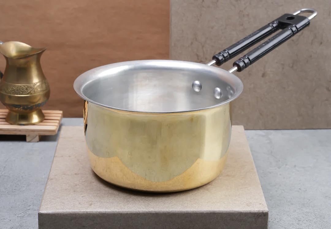 Ptal Nagri Brass Saucepan With Insulated HeatResistant Handle | 100% Pure Brass Tin Coated Tea Pan | ChemicalFree And NonStic