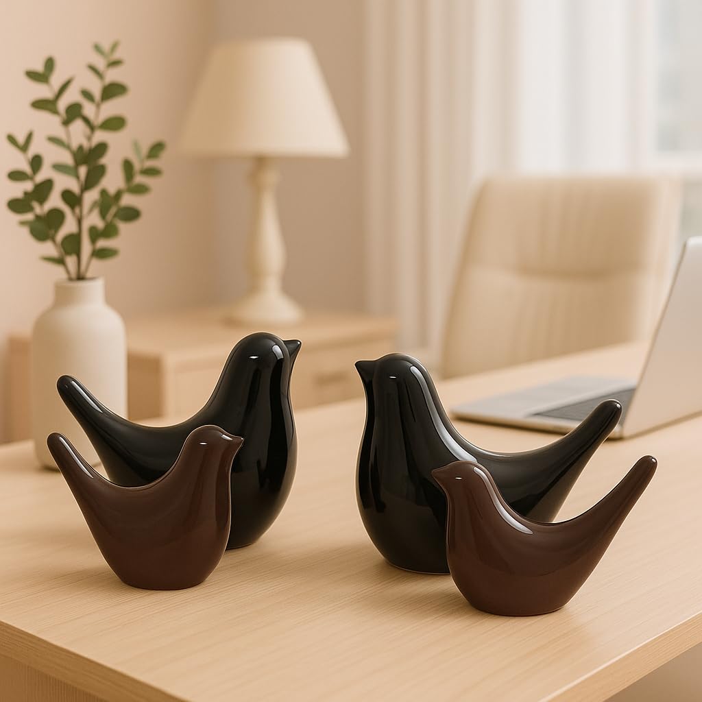 Xtore Creative Brown And Black Glossy Ceramic Birds Figurines Home Decorations Accessories Party (Pack Of 4, Black & Brown)
