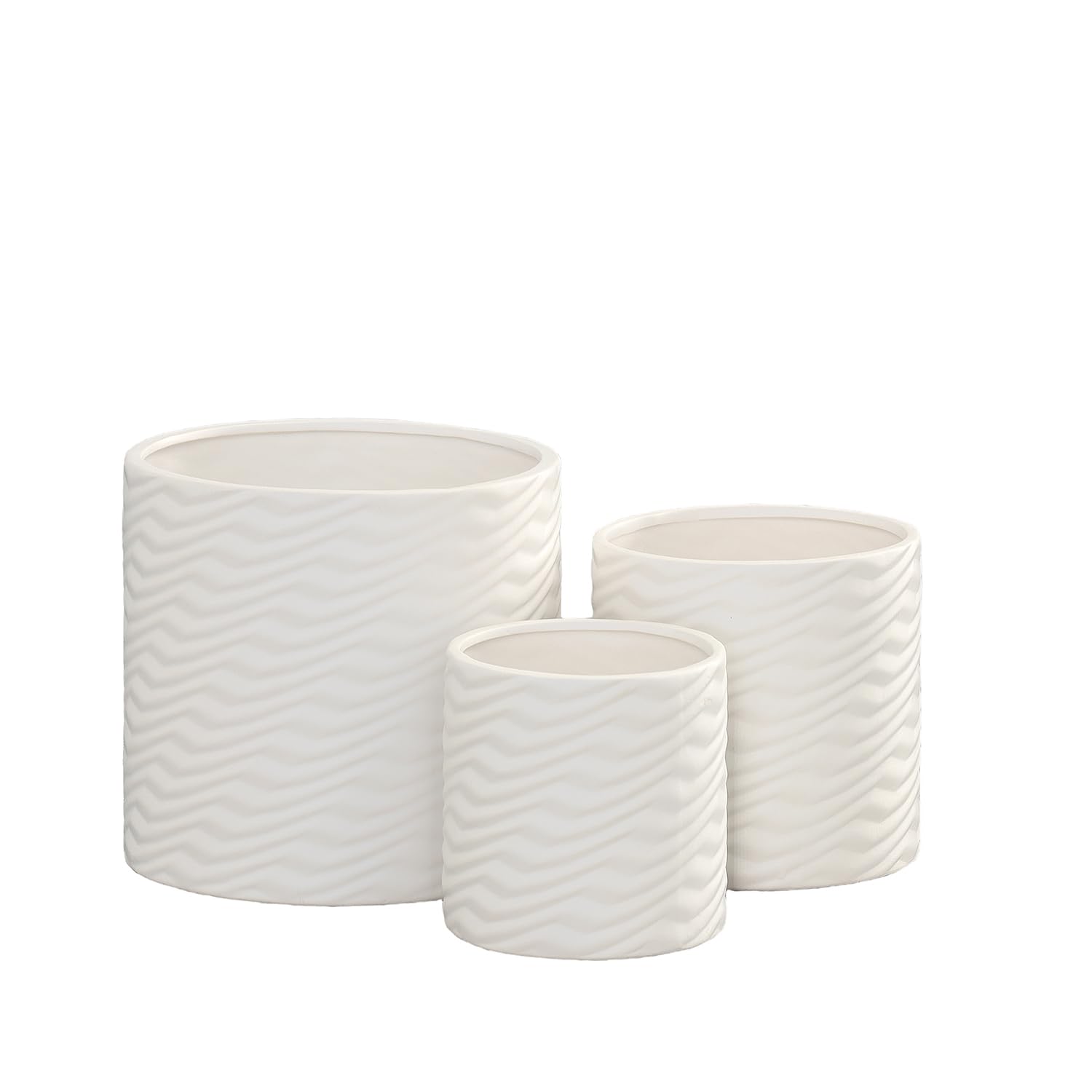 Ceramic Round Pot with Embossed Vector Pattern Design Body Set of Three Matte Finish White