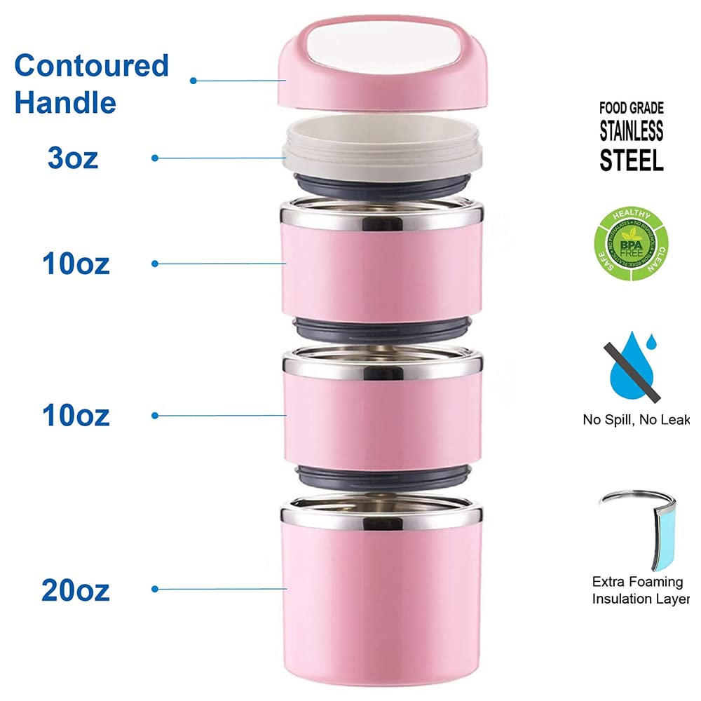 Lille Home Stackable Stainless Steel Thermal Lunch/Snack Box, 3-Tier Insulated Bento Box With Portable Cutlery Set, 43Oz, Pink