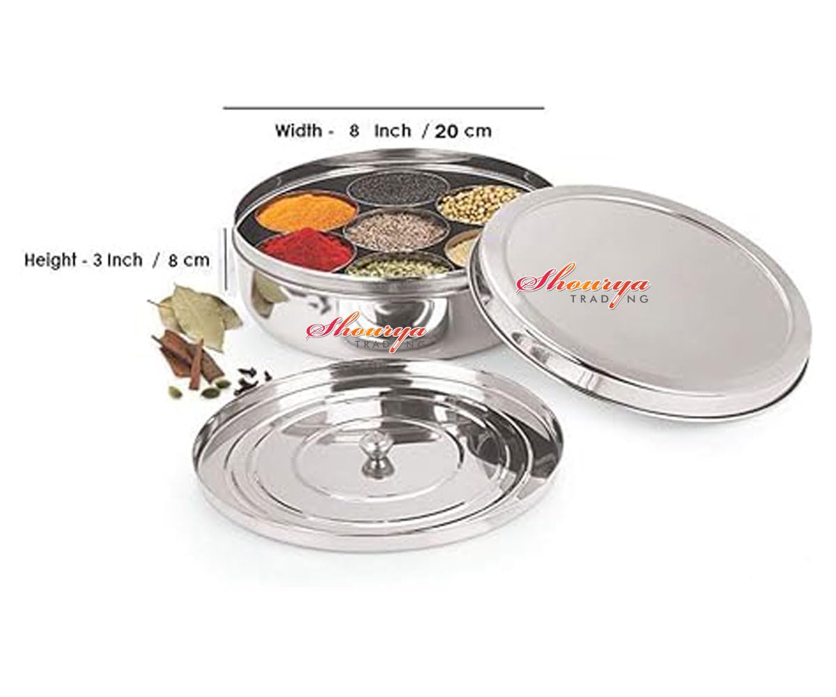 Shourya Trading Stainless Steel Spice Box With 7 Spice Containers And 7 Spoon And Double Lid, Size No. 12