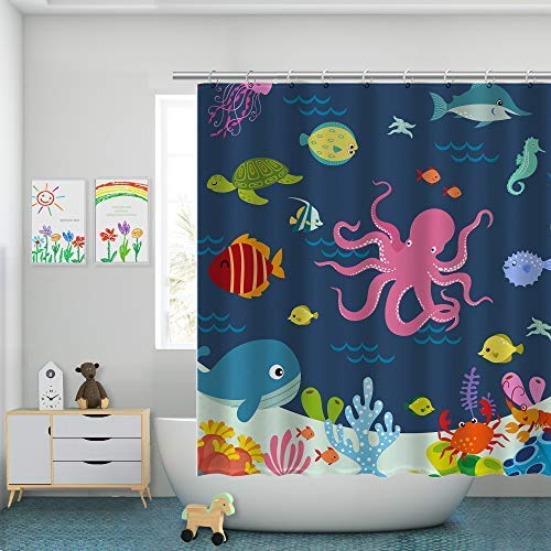 Rosielily Kids Shower Curtain, Ocean Shower Curtains, Under The Sea Shower Curtain With 12 Hooks, Sea Animal For Kids Bathroom D