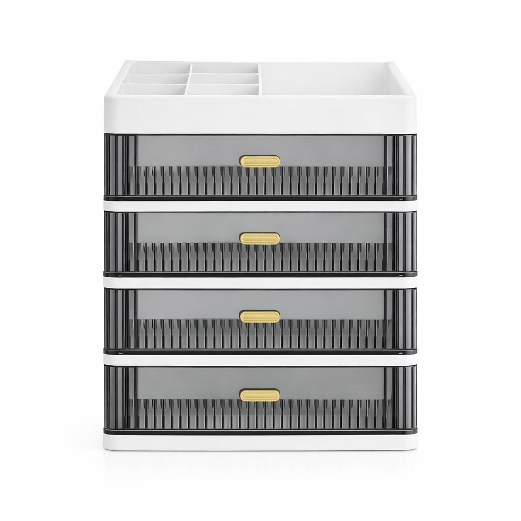 Hoopvool Desk Makeup Organizer, Plastic Storage Box With Sliding Drawer, Stylish Display Case For Cosmetics, Lotion, Nail Polish