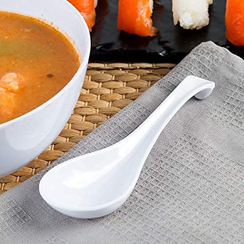 6 White Spoons, 6 Black Chopsticks, By Vallenwood. 12 Pieces Asian Soup Spoons. Not Overpriced. Unbreakable Melamine. Perfect Fo