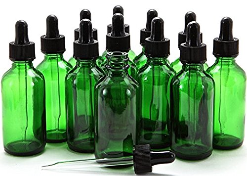Premium Vials, 12, Green, 2 Oz Boston Glass Bottles, With Glass Eye Droppers (12, 2 Ounce)