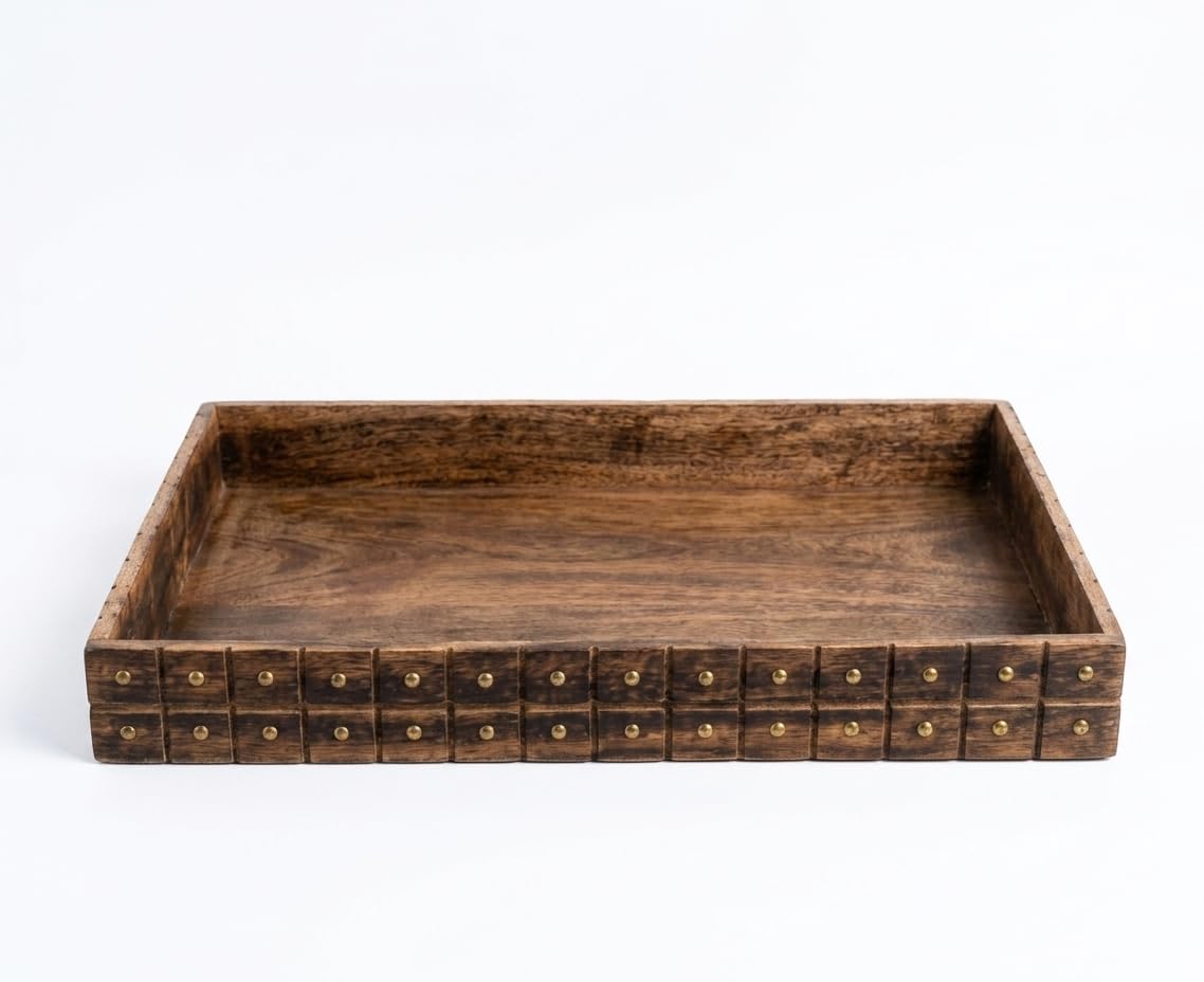 Wooden Serving Tray With Handles 18 X 12 X 2 Inch, Large Decorative Coffee Table Tray, Handmade Wooden Breakfast Serving Tray Fo