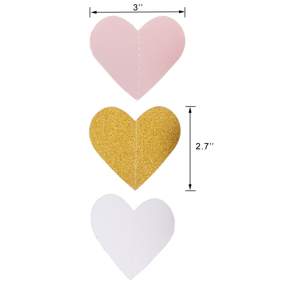 Mowo Heart Paper Garland Circle Chain Hanging Decor 10Ft (Glitter Gold,Pink,White, 2Pc)