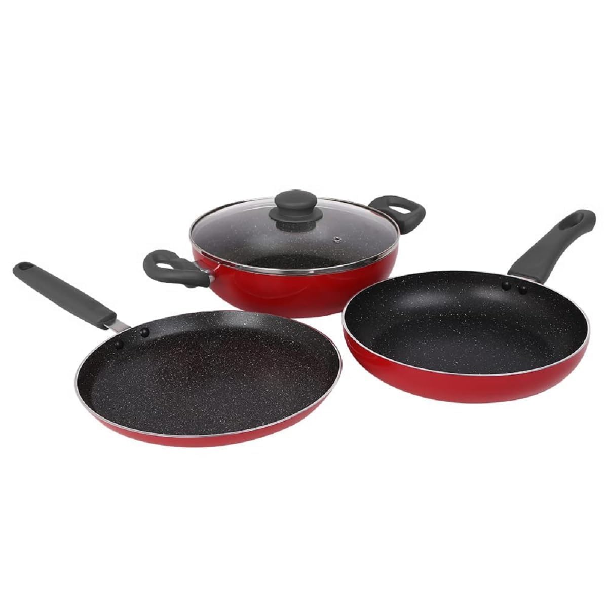 Modern Drumstone Granite NonStick Cookware Set  Omni Tawa, Fry Pan & Kadai With Lid, 5Layer Coating