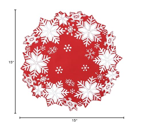 Simhomsen Set Of 4 Embroidered Snowflakes Round Doily, Place-Mats Round 15 Inches For Christmas Holiday And Winter, Dining Table
