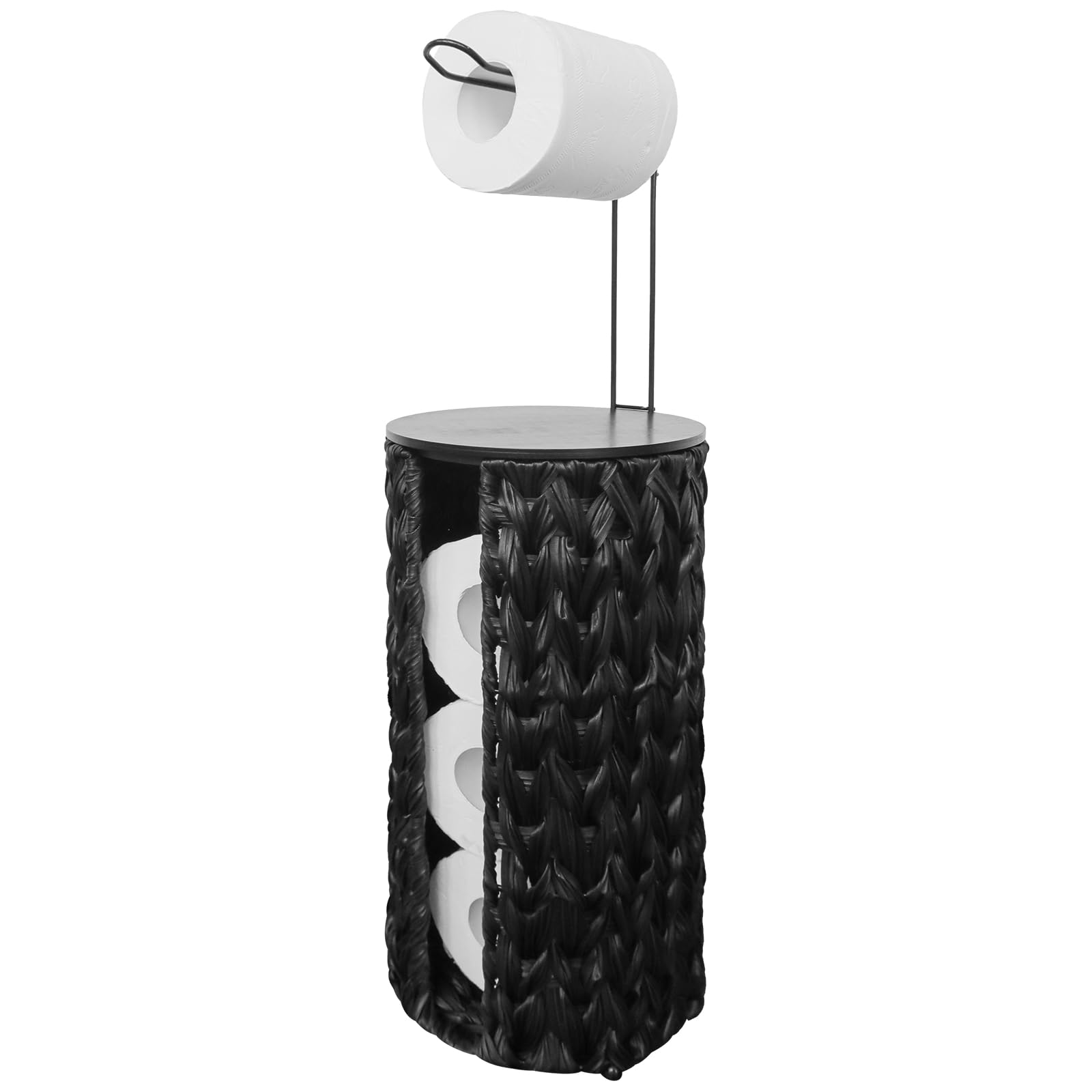 Coeusy Black Toilet Paper Holder Stand With Shelf,Wicker Toilet Paper Storage With Wooden Lid,4 Rolls Of Tissue Holder For Bathr