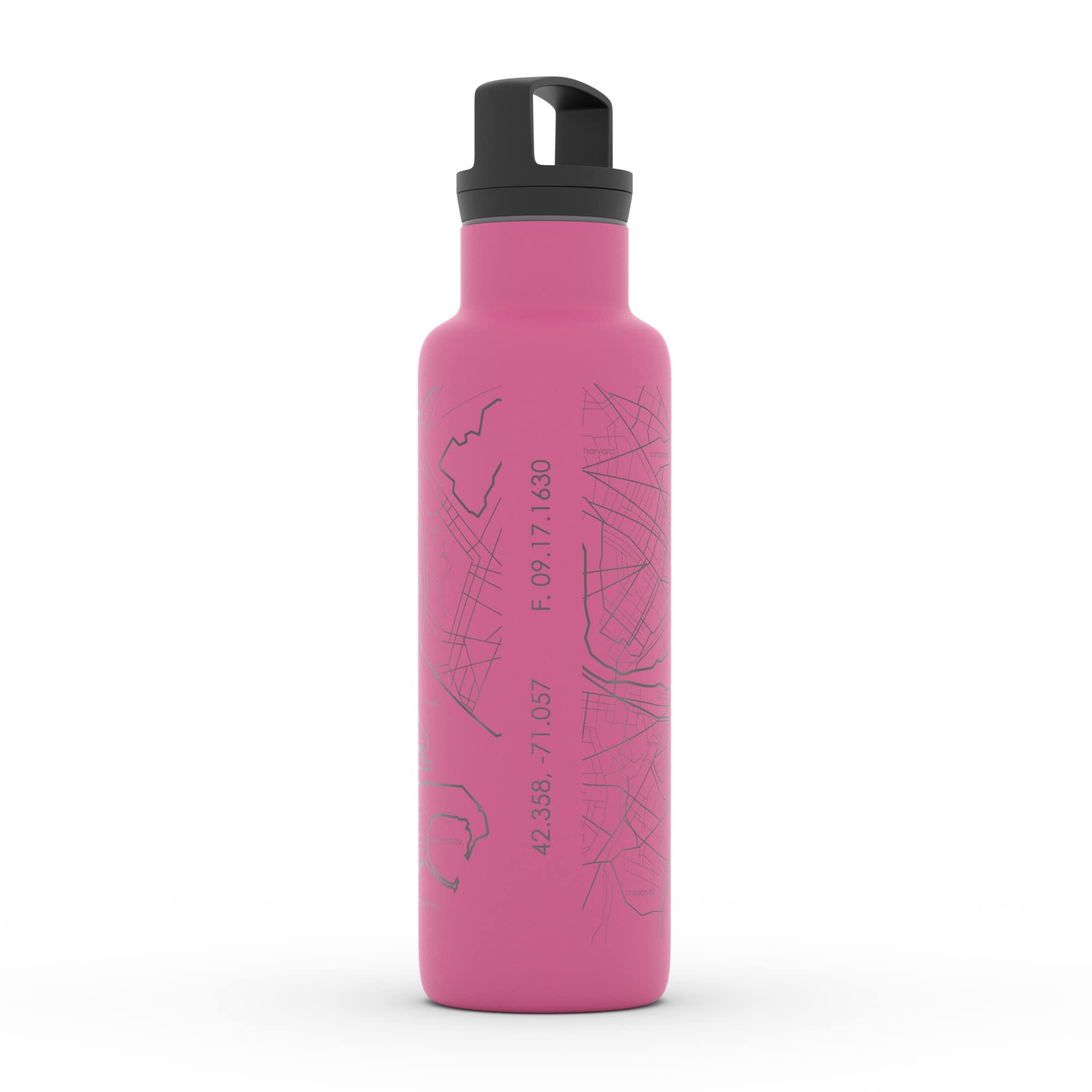 Well Told Engraved Boston Massachusetts Map Insulated Water Bottle, Etched Stainless Steel Bottle (21 Oz, Sunset Pink) City Map