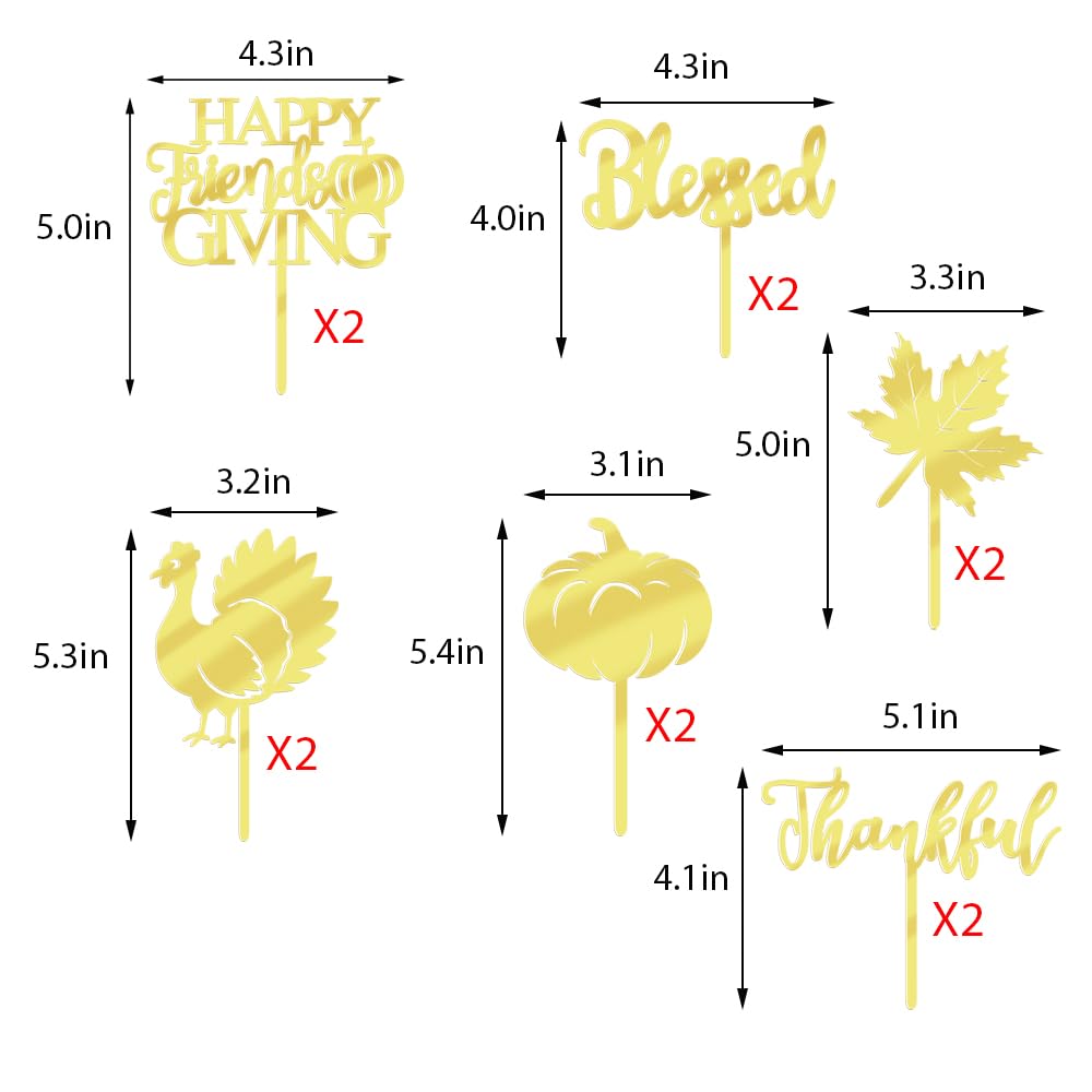 YUINYO Mirror acrylic Thanksgiving Cupcake Toppers, 12 Pcs Fall Themed Cupcake Toppers Turkey Maple Leaf Pumpkin Cake Picks for