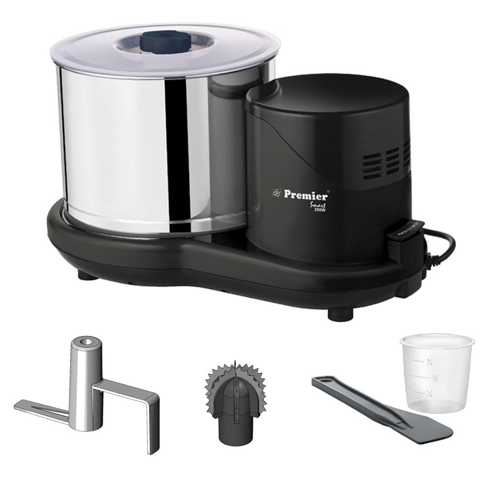 Premier Smart 2 Litre Table Top Wet Grinder 200 Watts 230V | Stainless Steel Drum | Free Coconut Scraper & Dough Kneader | 2 Sto