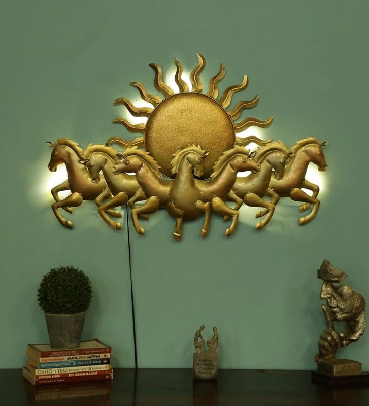 Bharat Art Metal Iron Sun Horses Gold (Small) (A) Led Wall Art/Wall Sculpture For Home, Living Room, Bedroom, Hotels, Office, Ca