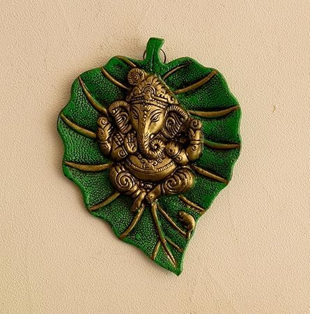 Achleshwar Metal Golden Lord Ganesha on Green Leaf wall hanging Sculpture Decorative Religious Showpiece For Home wall decor,Tem