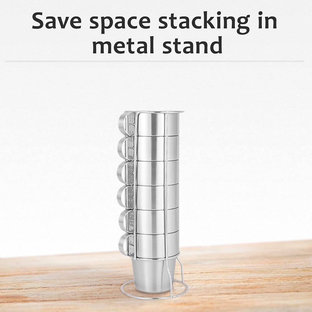 Japard Metal Coffee Mugs Stainless Steel Insulated Cup, Stackable Set Of 6, In Stand Rack, Double Wall Insulated