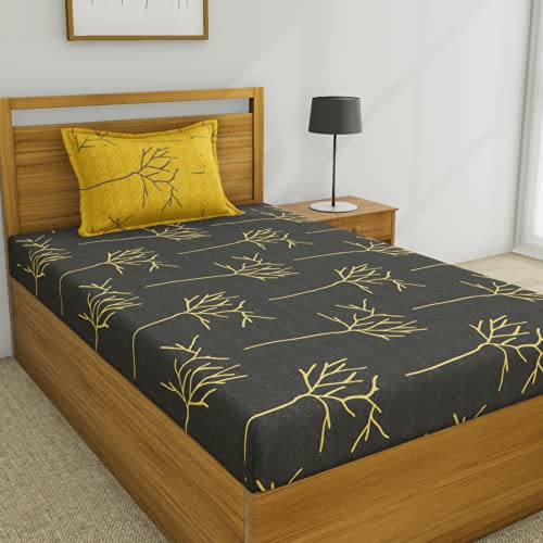 Huesland By Ahmedabad Cotton 144 Tc Cotton Single Bedsheet With 1 Pillow Cover  Grey And Yellow