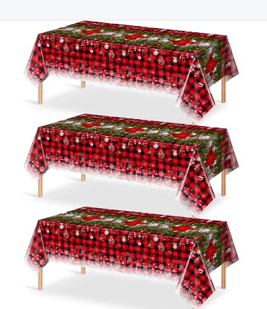3Pcs Christmas Buffalo Plaid Snowflake Tablecloths,Plastic Red and Black Checkered Rectangle Christmas Tree Color Ball Table Cov