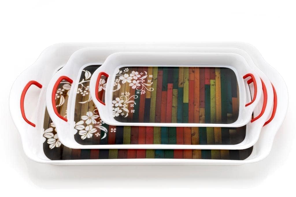 Gra8 Serving Tray Set Of 3 Plastic Metrial Glossy Finish Bpa Free Trays For Kitchen And Office And Home Decor(Multi Design)