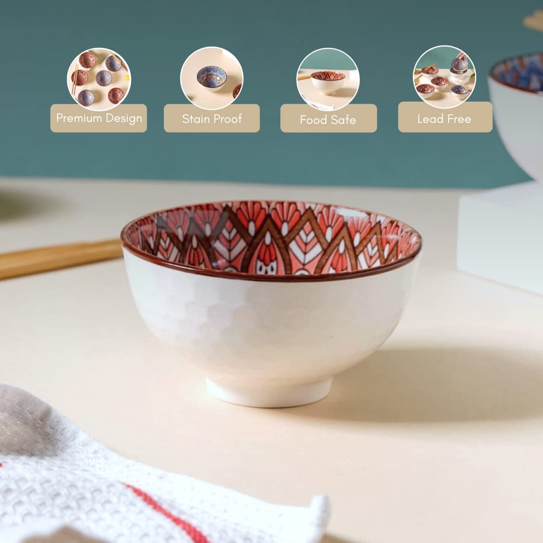 Nestasia Ceramic Bowl Set Of 6 With Chopsticks | Microwave & Dishwasher Safe Bowl With Mandala Pattern | Perfect For Snacks, Sou