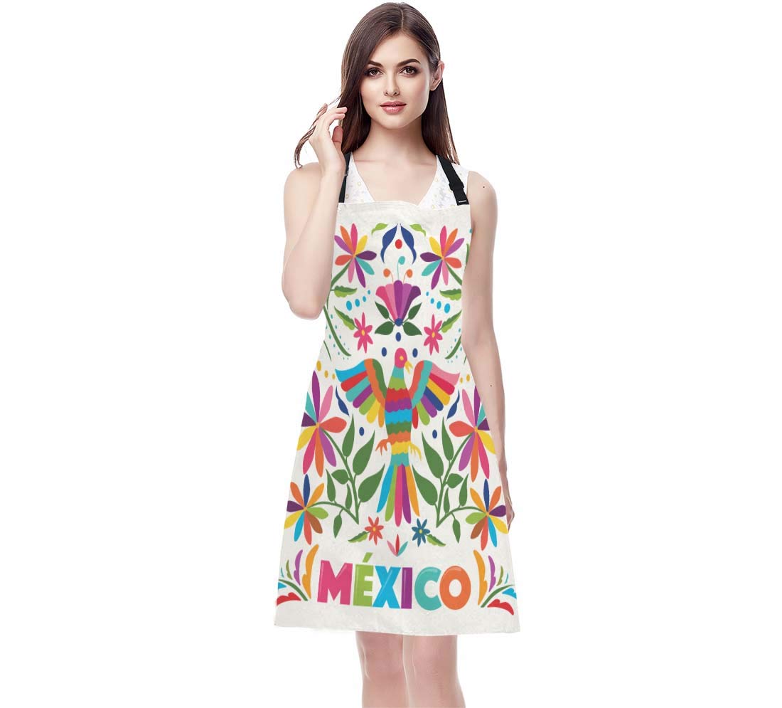 Ekobla Birds Aprons Colorful Mexico Traditional Texture Vibrant Floral Pattern Leaves Waterproof Resistant Chef Cooking Kitchen