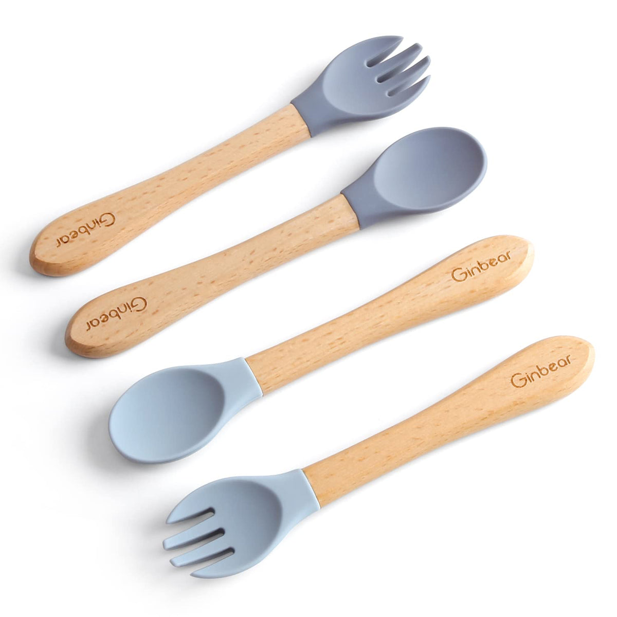 ginbear Silicone Baby Spoon and Fork Self-feeding, Baby Flatware Sets for Boy, Toddler Feeding Utensils for child 6 Months+ (gra