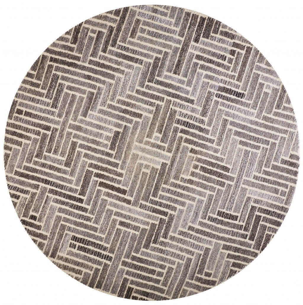 10 Taupe gray And Tan Round Wool geometric Tufted Handmade Area Rug